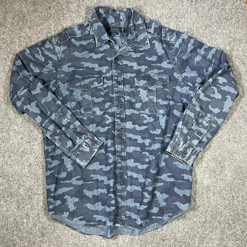 Polo Ralph Lauren Blue Camo Pattern Button Up Shirt Size M Long Sleeve
